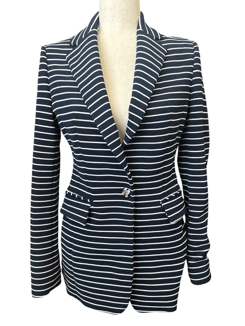 Nautical Navy White Stripe One Button Textured Blazer S